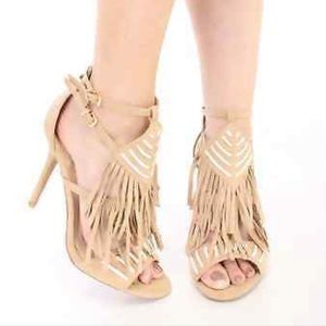 Open Toe Nude Strappy Boho Fringe Stiletto Heels